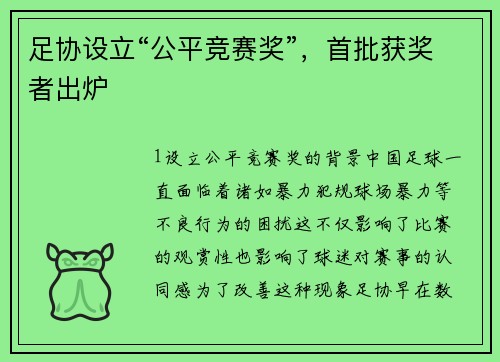 足协设立“公平竞赛奖”，首批获奖者出炉