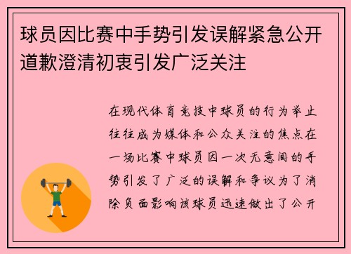球员因比赛中手势引发误解紧急公开道歉澄清初衷引发广泛关注